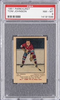 1951/52 Parkhurst #7 Tom Johnson Rookie Card - PSA NM-MT 8